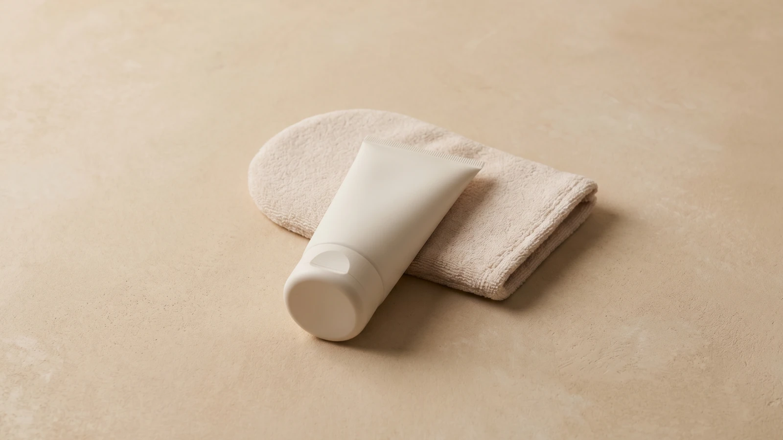 Un tub cosmètic sense marca i una manyopla d'aplicació sobre un fons sorra.