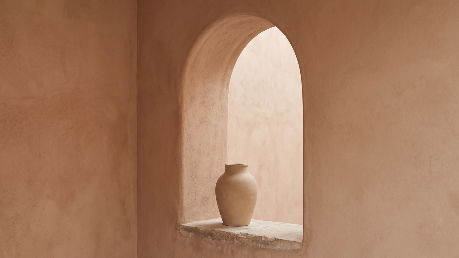 Interior mediterrani amb un gerro de terracota en una fornícula amb arc.